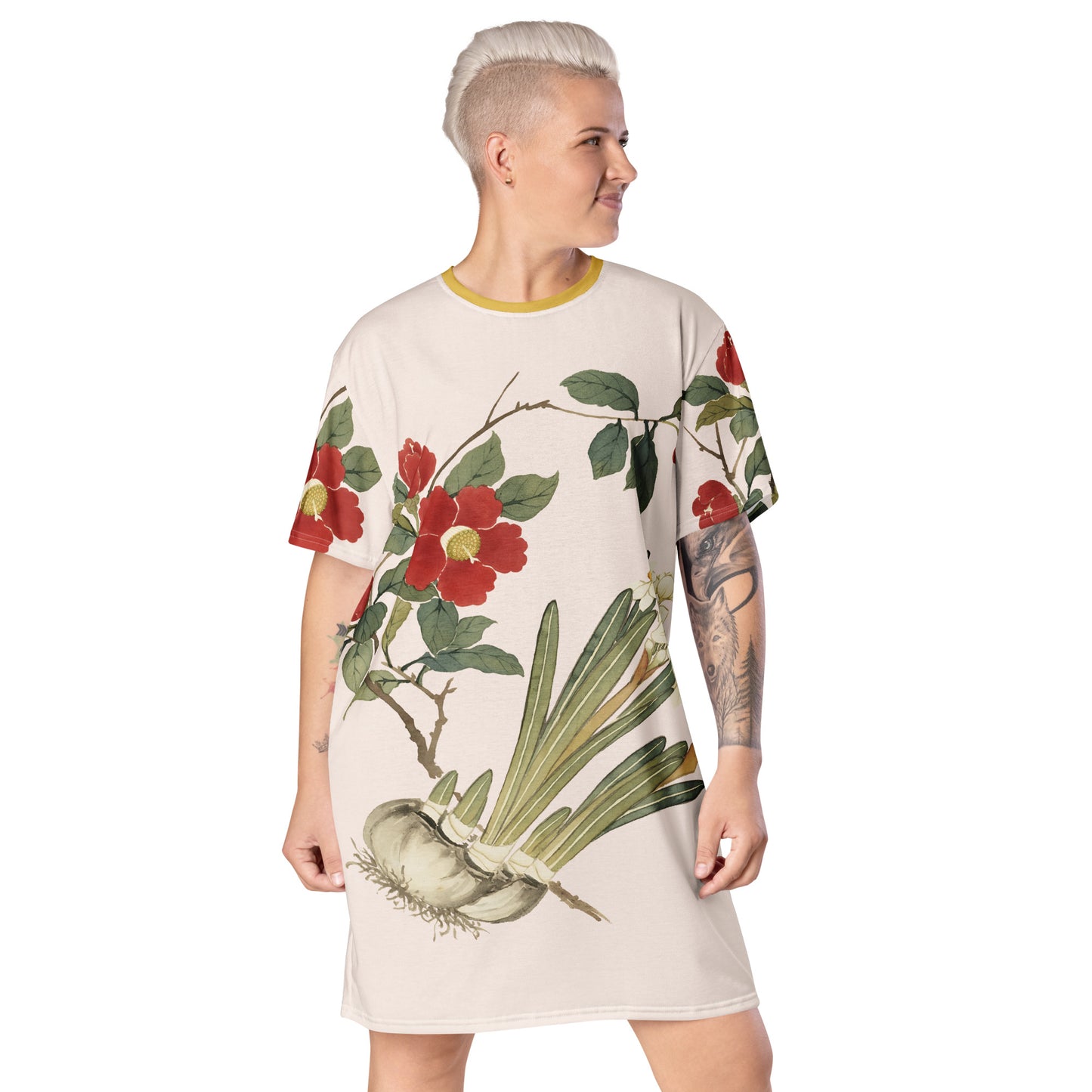 The Spirit of Flowers in Twelve Months｜Narcissus and Camelia in Bloom｜T-shirt dress｜Fish belly white