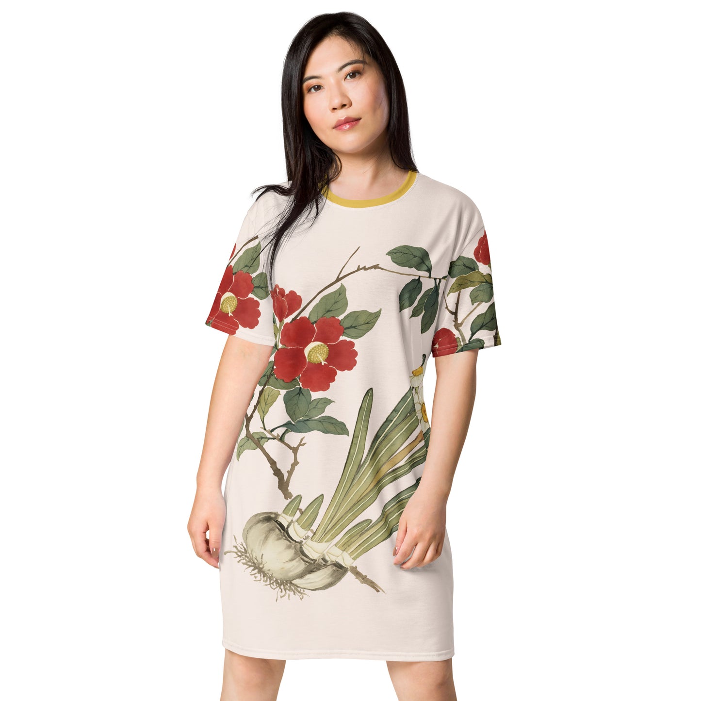 The Spirit of Flowers in Twelve Months｜Narcissus and Camelia in Bloom｜T-shirt dress｜Fish belly white