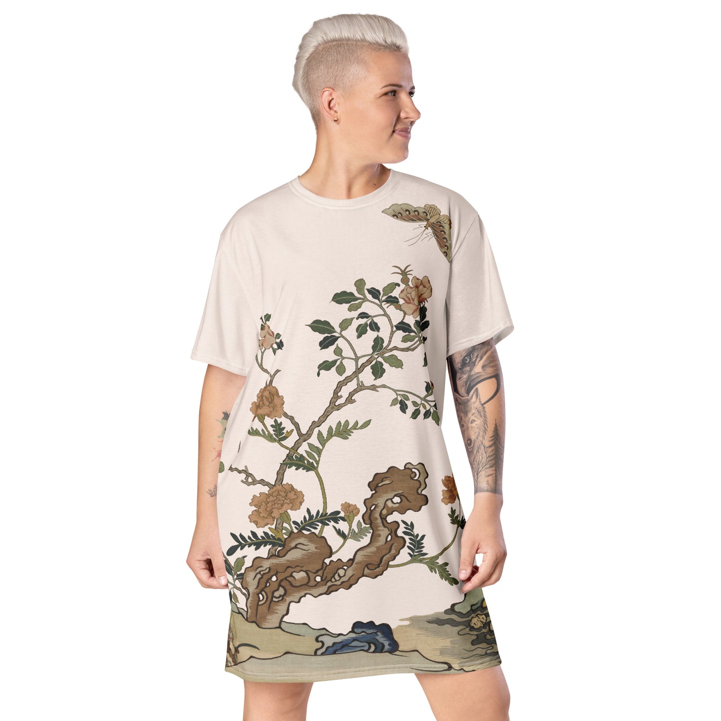 Kesi Flower Album｜Camellia and Butterfly｜T-shirt dress｜Fish belly white