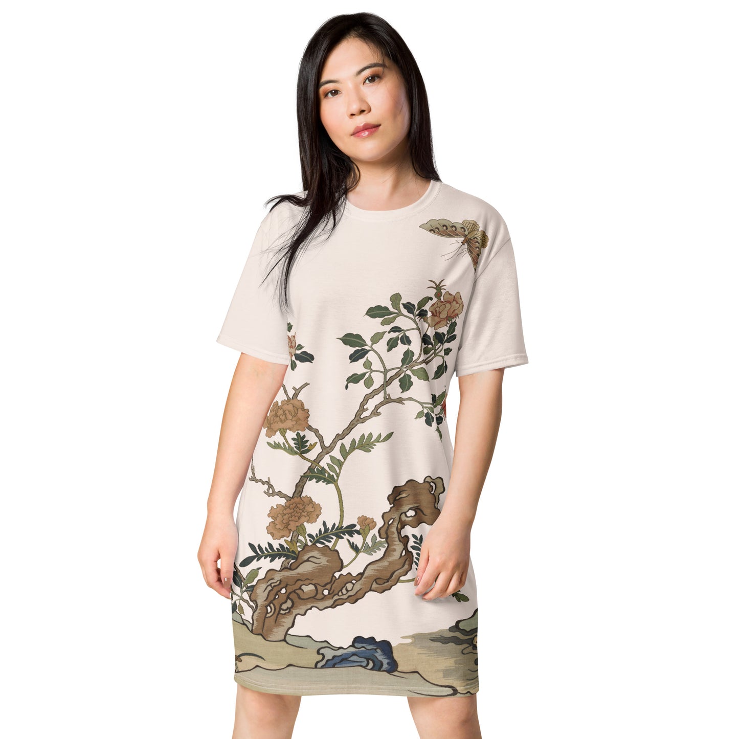 Kesi Flower Album｜Camellia and Butterfly｜T-shirt dress｜Fish belly white