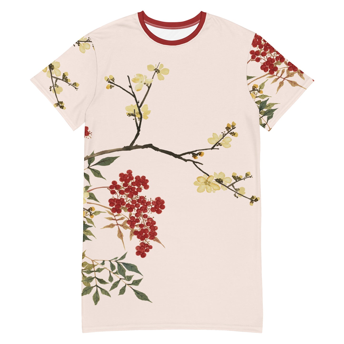 The Spirit of Flowers in Twelve Months｜Blooming Wintersweet and Heavenly Bamboo｜T-shirt dress｜Fish belly white