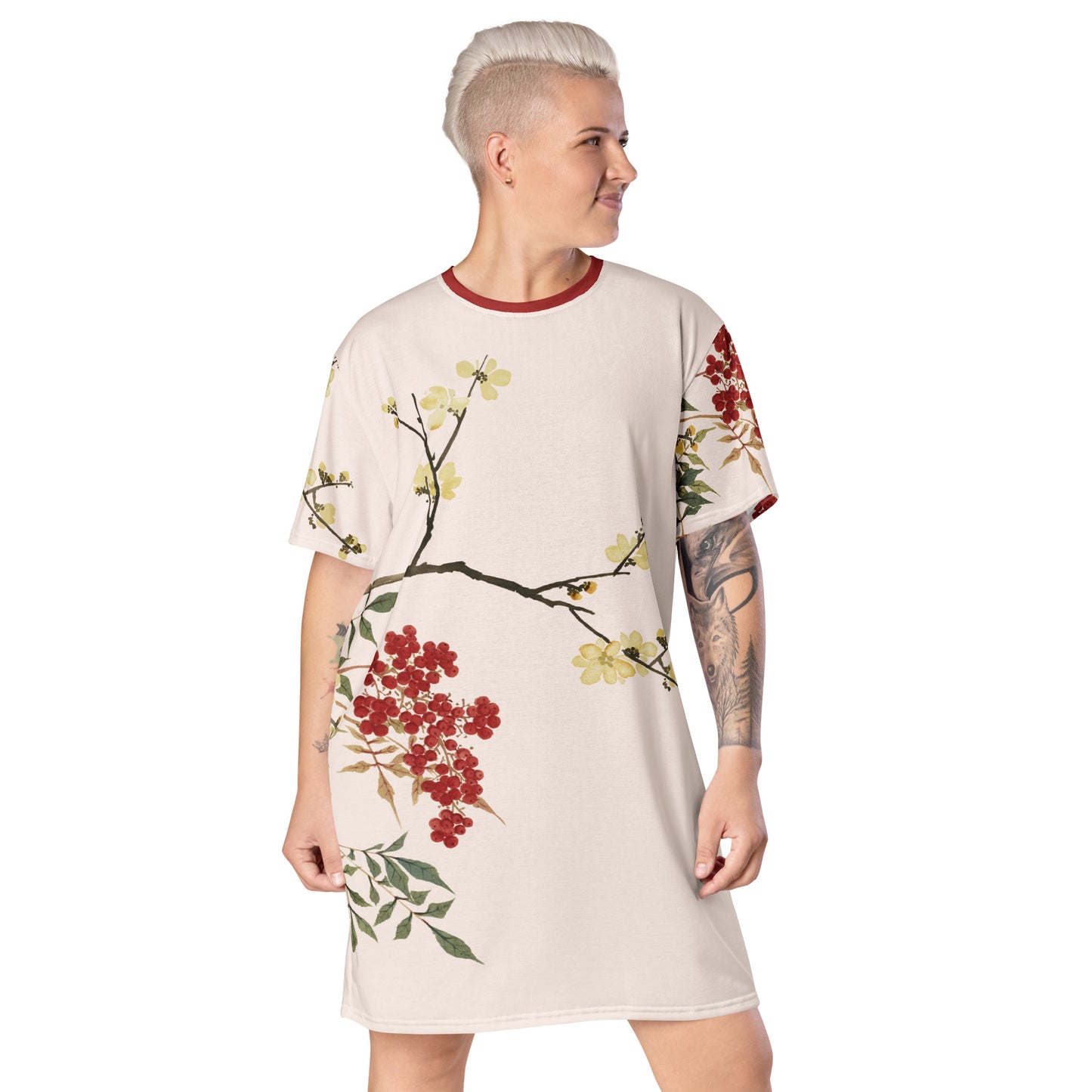 The Spirit of Flowers in Twelve Months｜Blooming Wintersweet and Heavenly Bamboo｜T-shirt dress｜Fish belly white