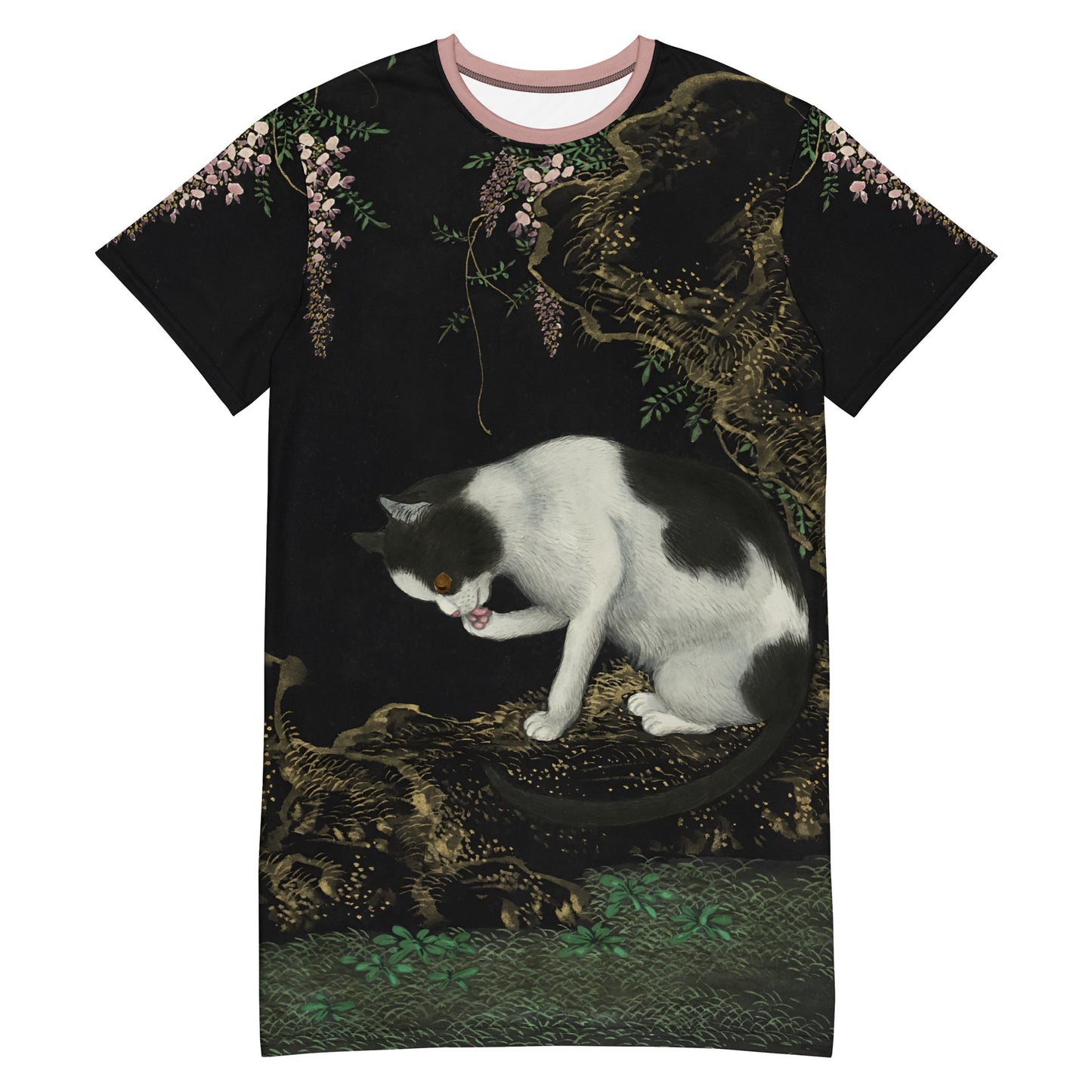 長寿の猫と蝶｜咲き誇る藤の下の猫｜Tシャツワンピース