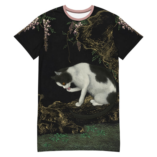 長寿の猫と蝶｜咲き誇る藤の下の猫｜Tシャツワンピース