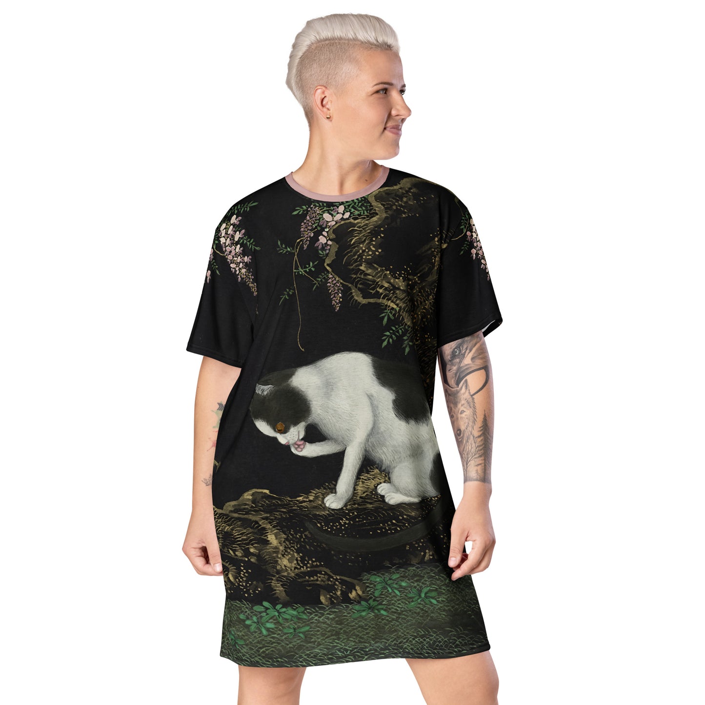 Cats And Butterflies Of Longevity｜A Cat by the Blooming Wisteria｜T-shirt dress