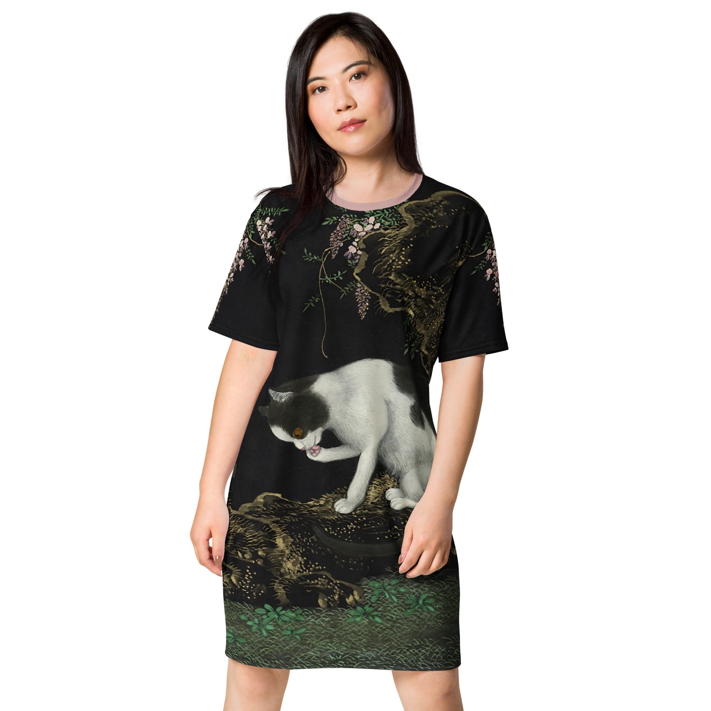 Cats And Butterflies Of Longevity｜A Cat by the Blooming Wisteria｜T-shirt dress