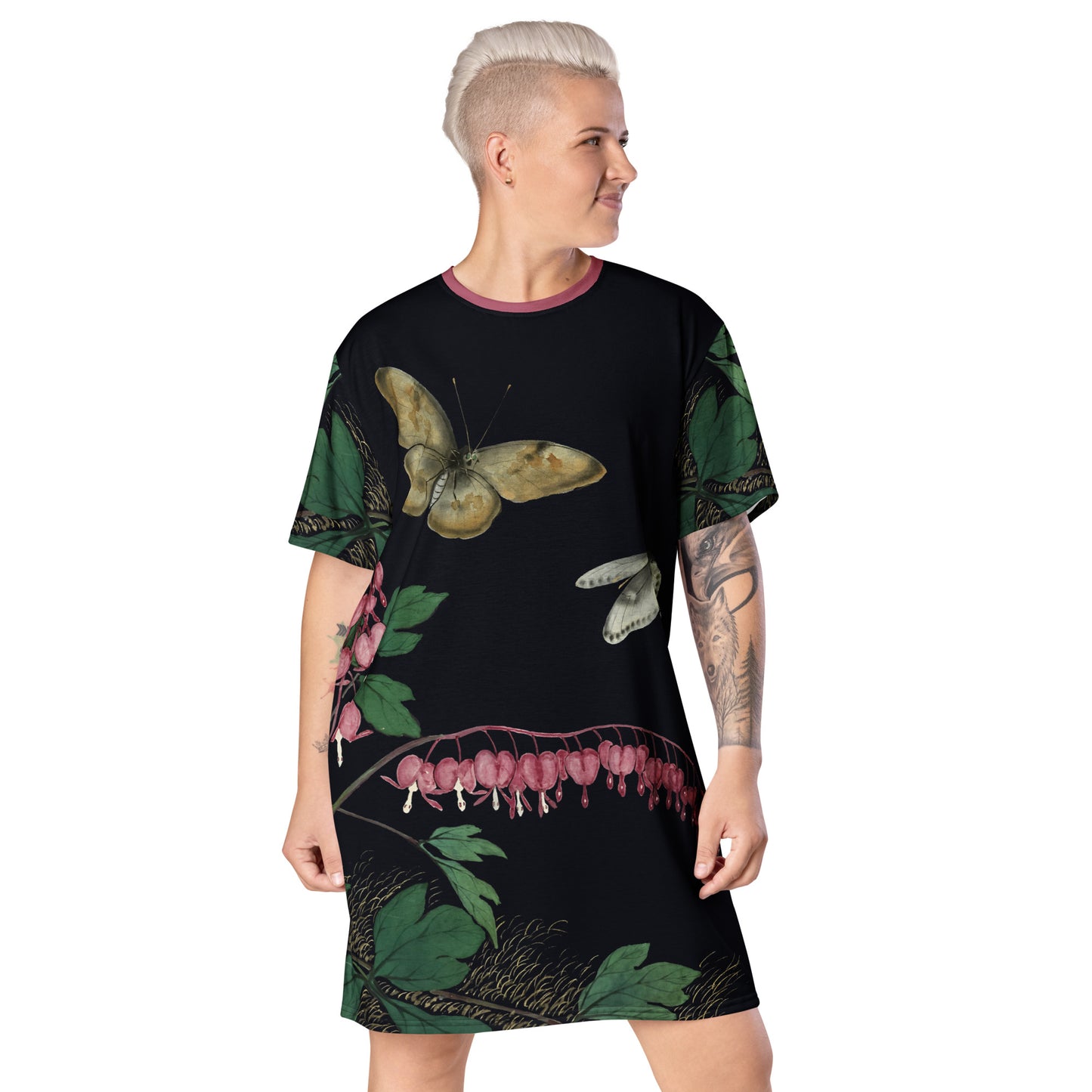 Cats And Butterflies Of Longevity｜Butterflies and Bleeding Hearts in Bloom｜T-shirt dress