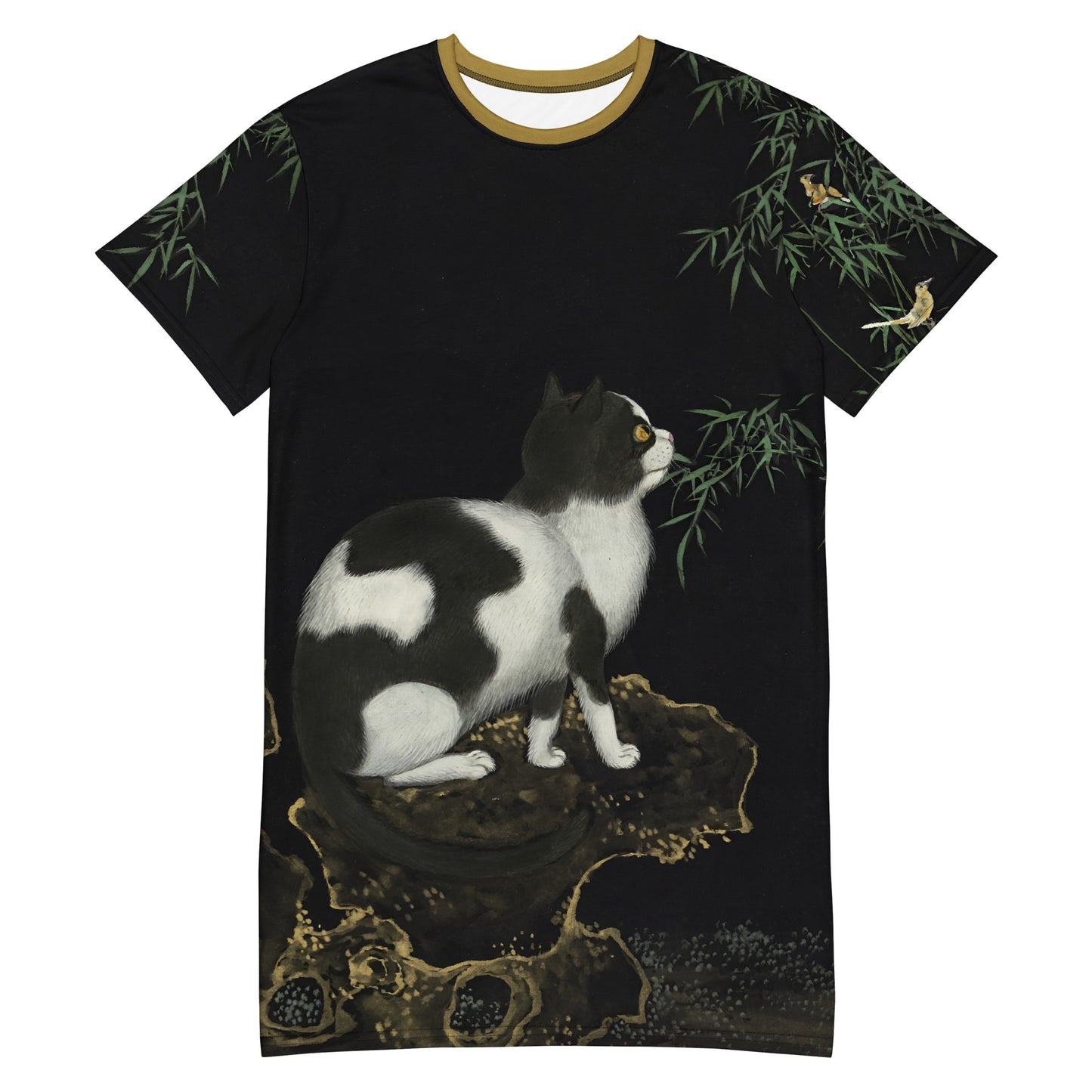 長寿の猫と蝶｜猫と2羽のオリオール｜Tシャツワンピース