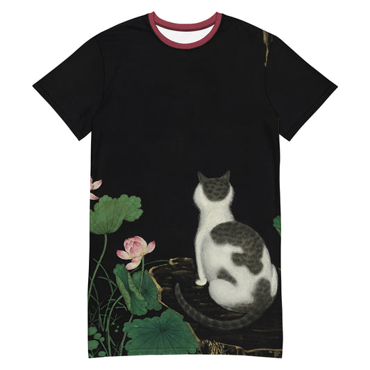 Cats And Butterflies Of Longevity｜A Cat amidst the Lotus in Bloom｜T-shirt dress