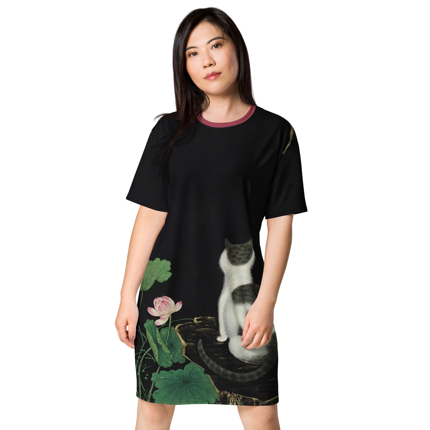 Cats And Butterflies Of Longevity｜A Cat amidst the Lotus in Bloom｜T-shirt dress