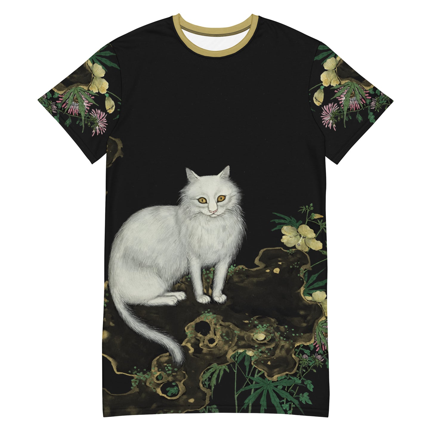 長寿の猫と蝶｜咲き誇る菊とオクラの中の猫｜Tシャツドレス