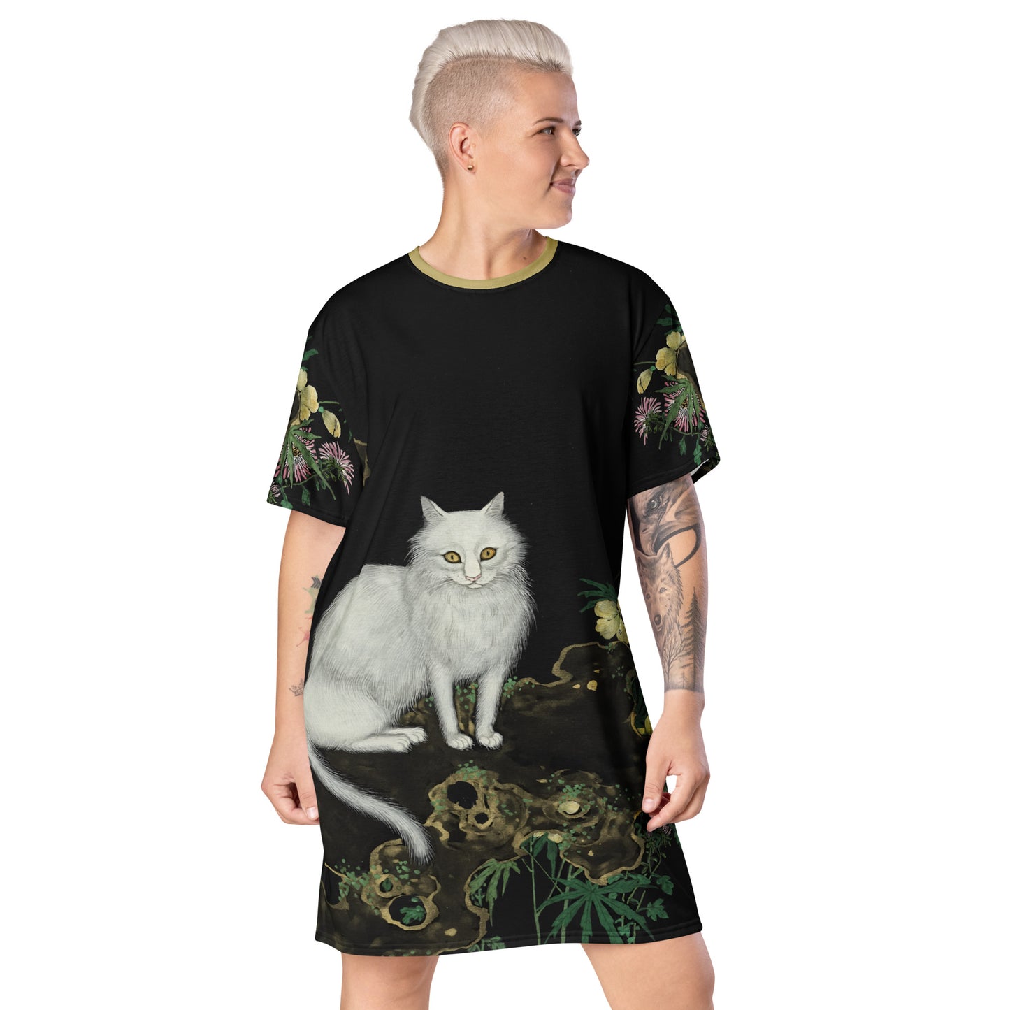 Cats And Butterflies Of Longevity｜A Cat amidst the Blooming Chrysanthemum and Okra｜T-shirt dress