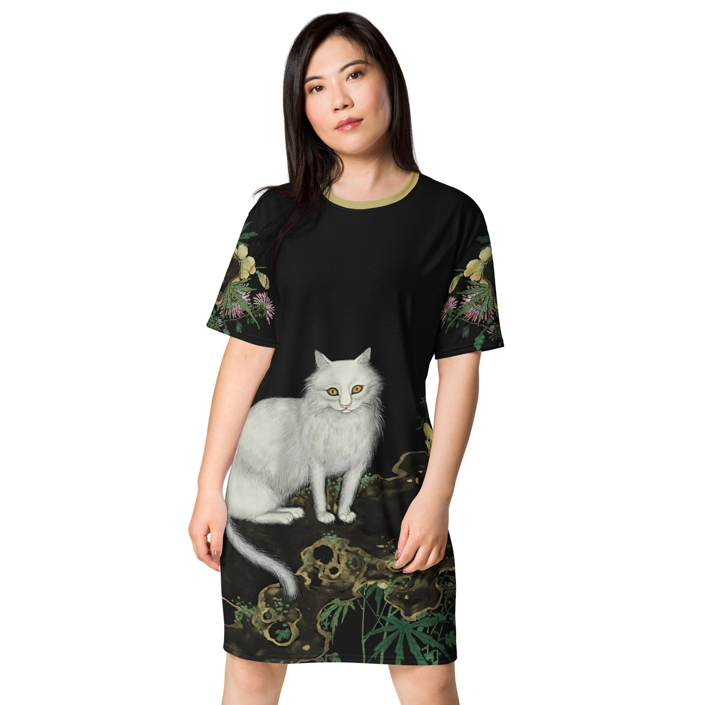 Cats And Butterflies Of Longevity｜A Cat amidst the Blooming Chrysanthemum and Okra｜T-shirt dress