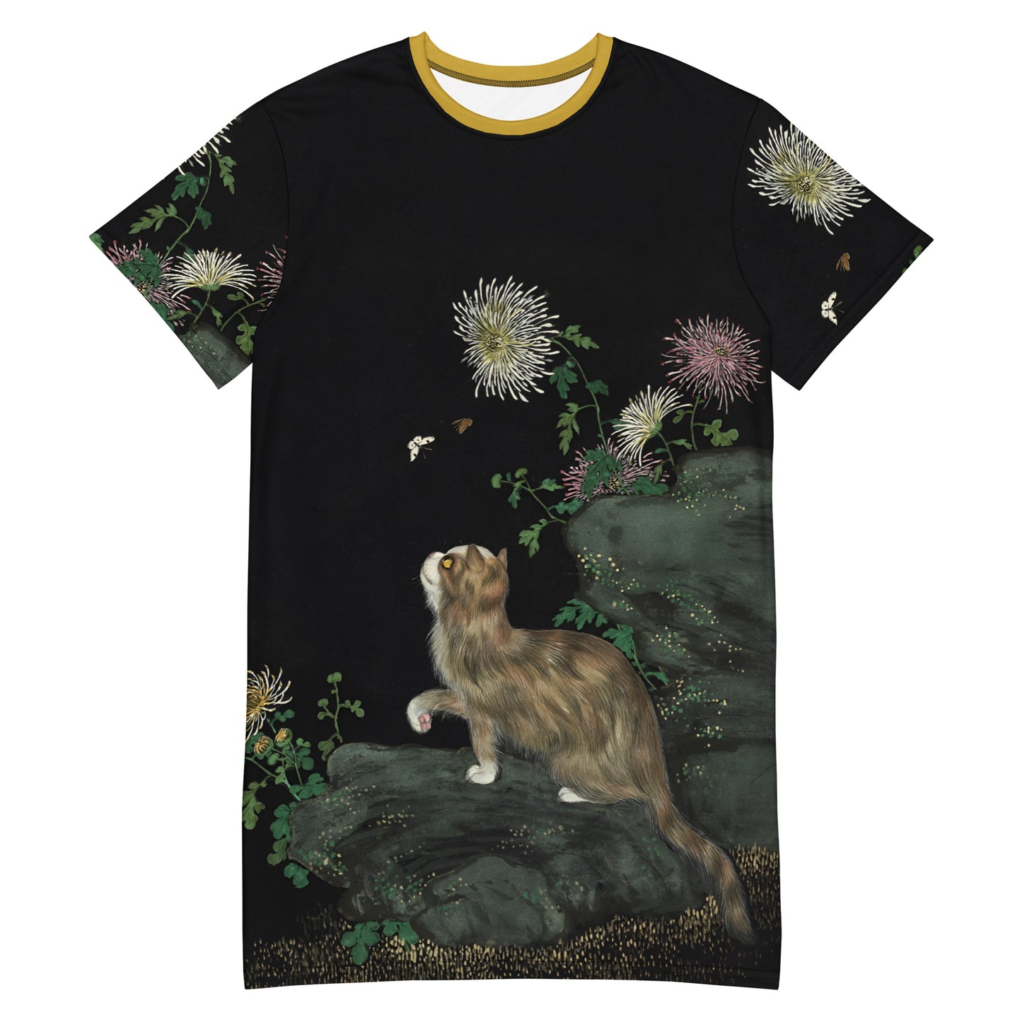 猫と長寿の蝶｜咲き誇る菊の中の猫｜Tシャツドレス