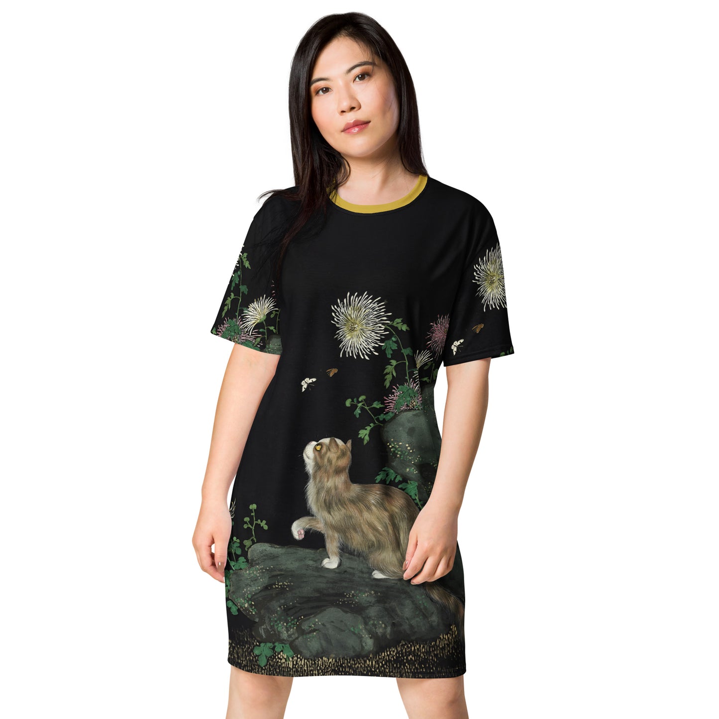 Cats And Butterflies Of Longevity｜A Cat amidst the Chrysanthemum in Bloom｜T-shirt dress