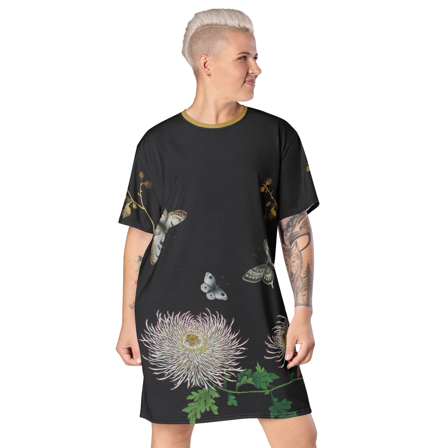 Cats And Butterflies Of Longevity｜Butterflies by the Chrysanthemum in Bloom｜T-shirt dress