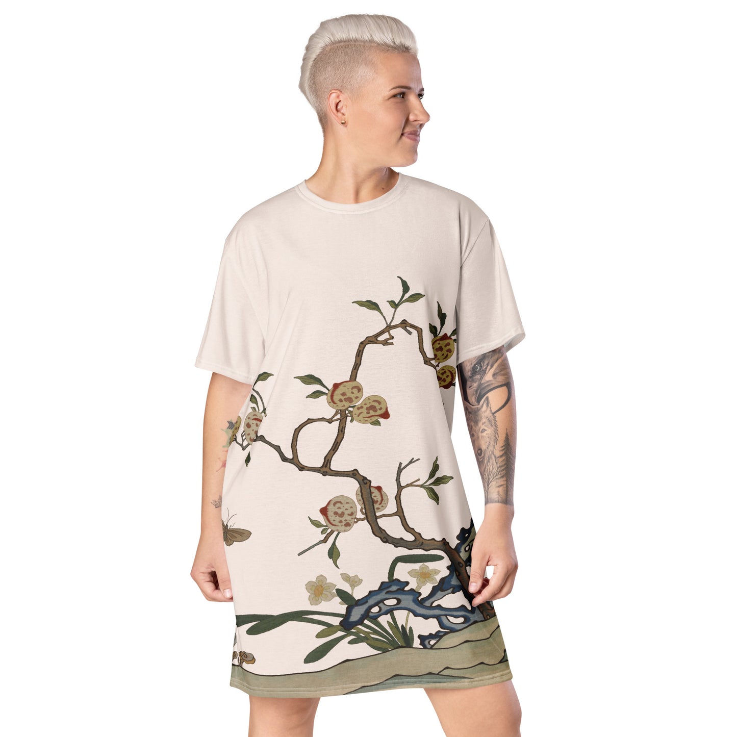 Kesi Flower Album｜Narcissus and Peaches｜T-shirt dress｜Fish belly white