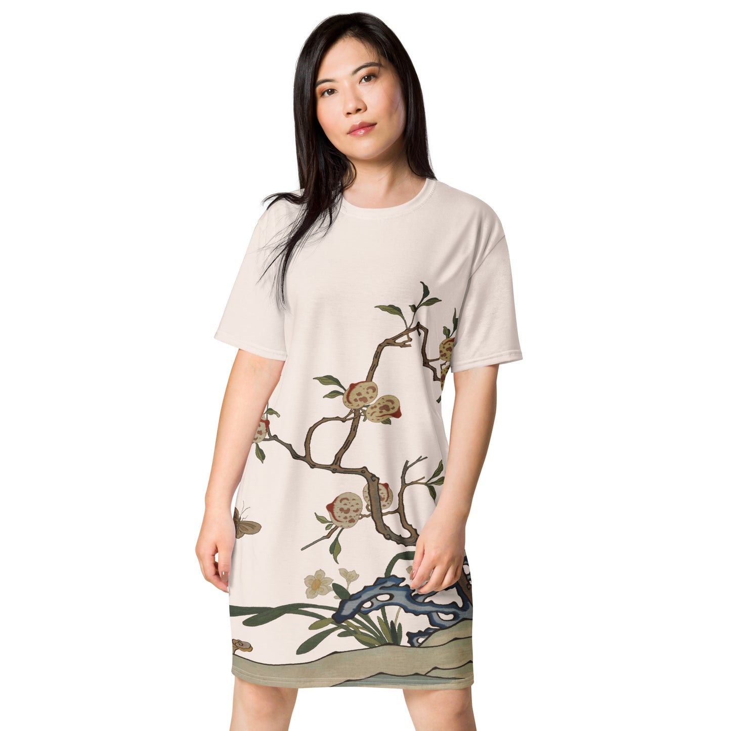 Kesi Flower Album｜Narcissus and Peaches｜T-shirt dress｜Fish belly white