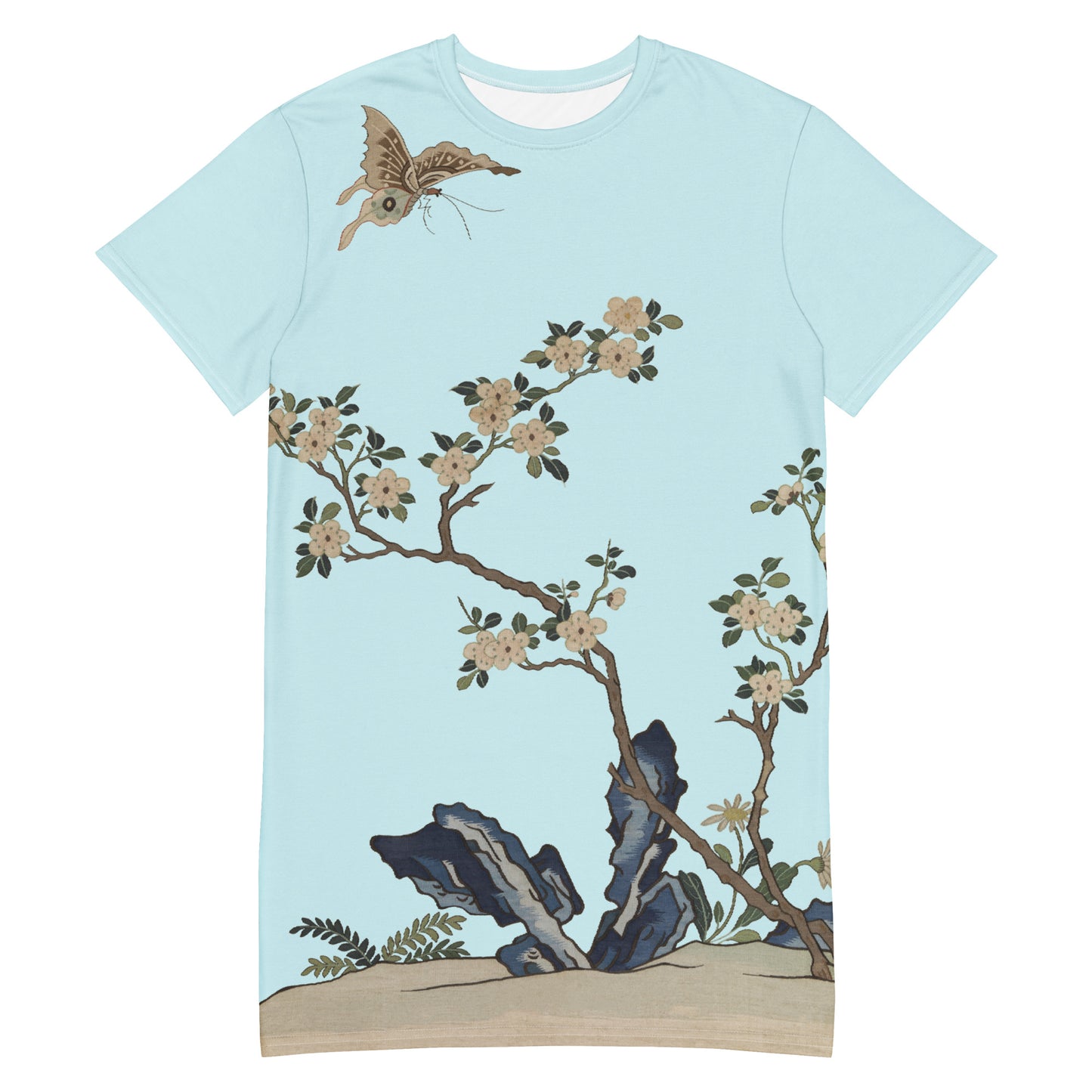 Kesi Flower Album｜White Plum Blossoms and Butterfly｜T-shirt dress｜Aqua blue