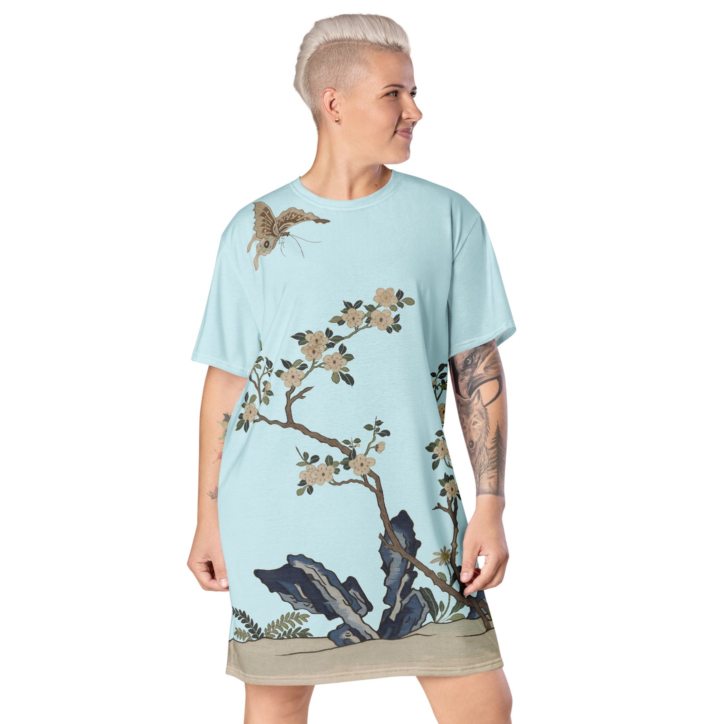 Kesi Flower Album｜White Plum Blossoms and Butterfly｜T-shirt dress｜Aqua blue