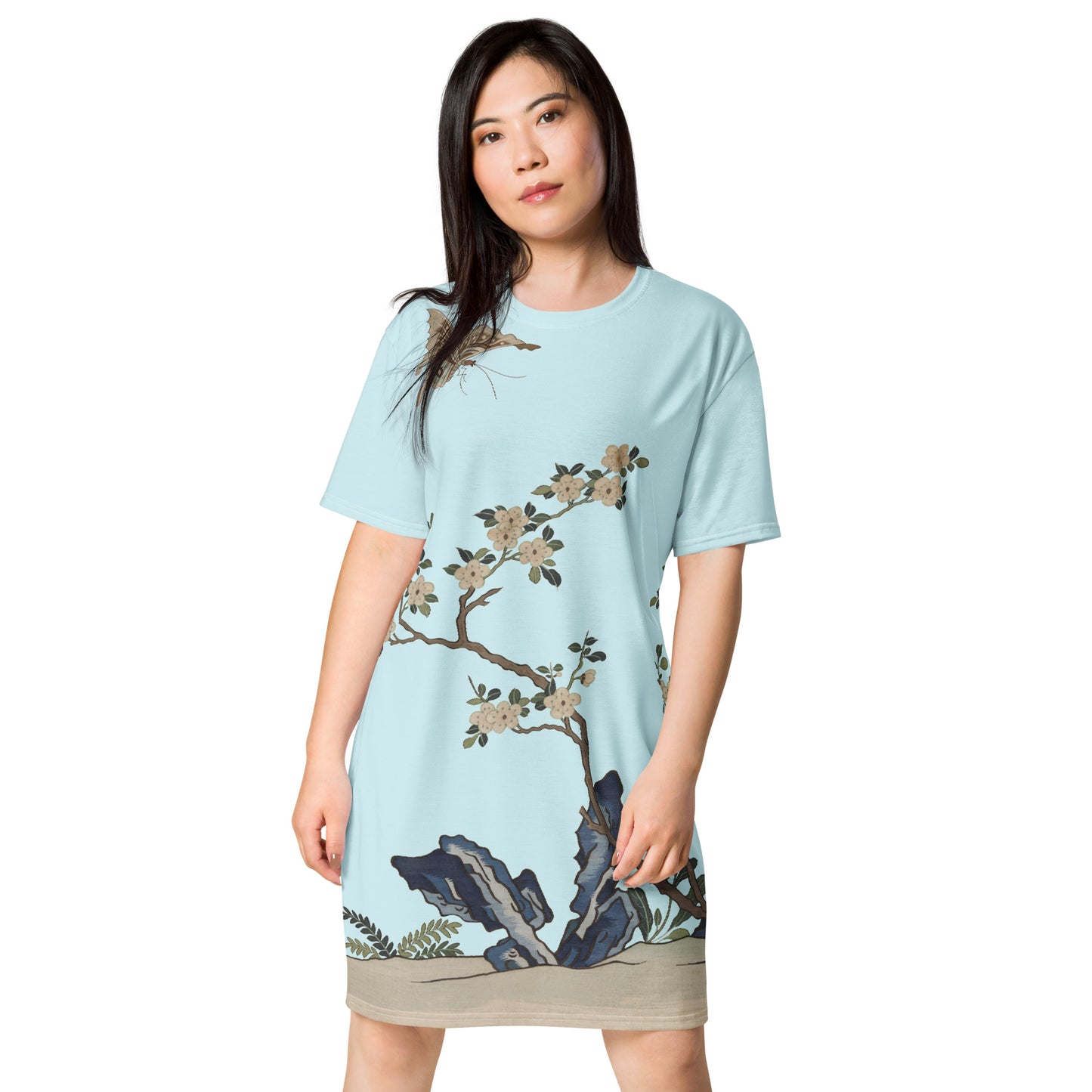 Kesi Flower Album｜White Plum Blossoms and Butterfly｜T-shirt dress｜Aqua blue