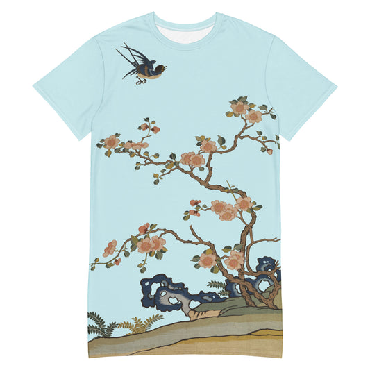 Kesi Flower Album｜Swallow in Flight, Harbinger of Spring｜T-shirt dress｜Aqua blue