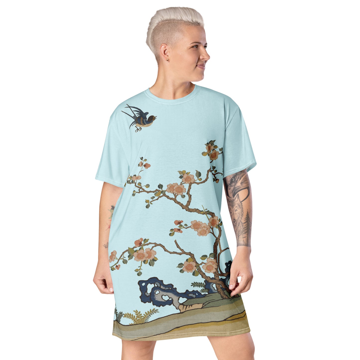 Kesi Flower Album｜Swallow in Flight, Harbinger of Spring｜T-shirt dress｜Aqua blue