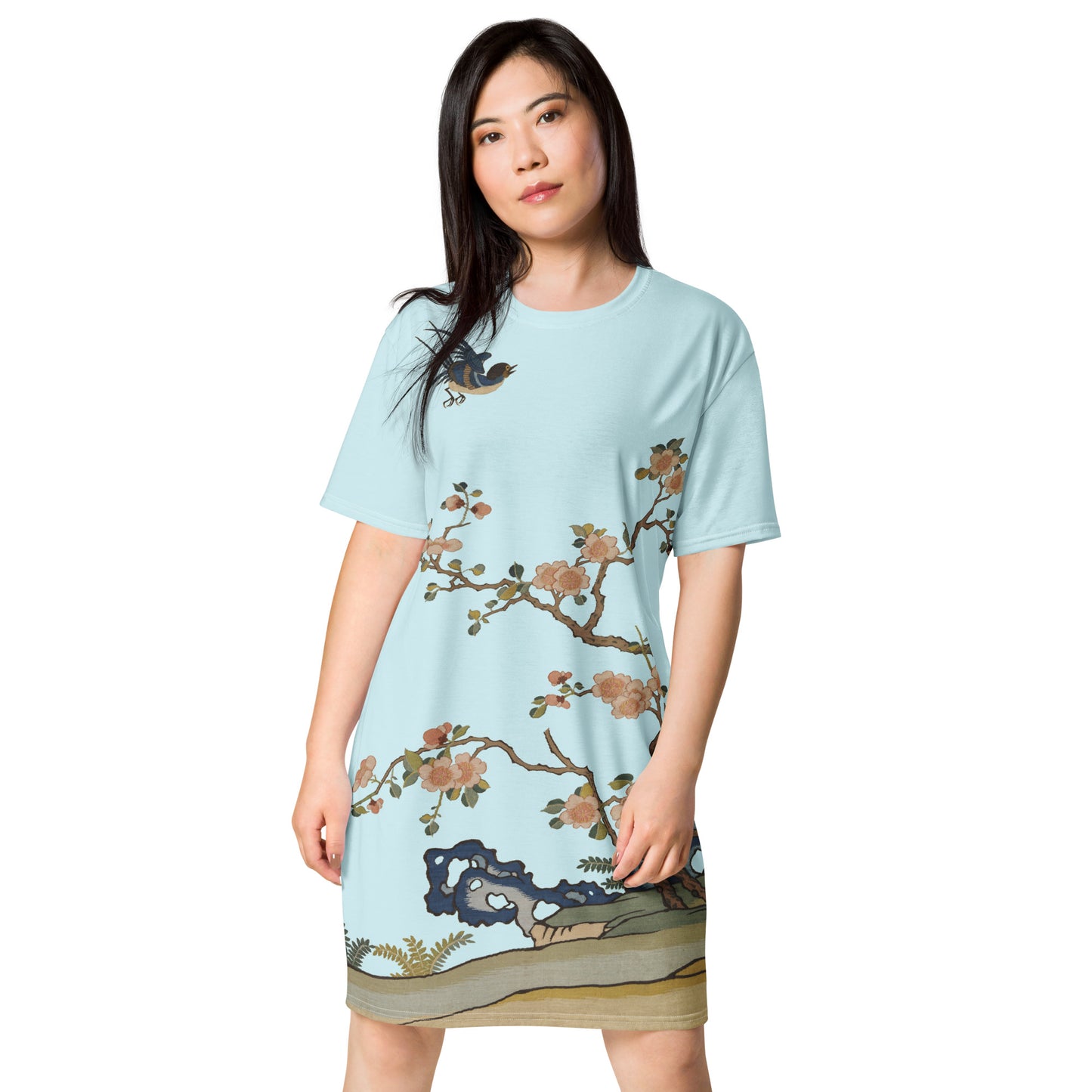 Kesi Flower Album｜Swallow in Flight, Harbinger of Spring｜T-shirt dress｜Aqua blue