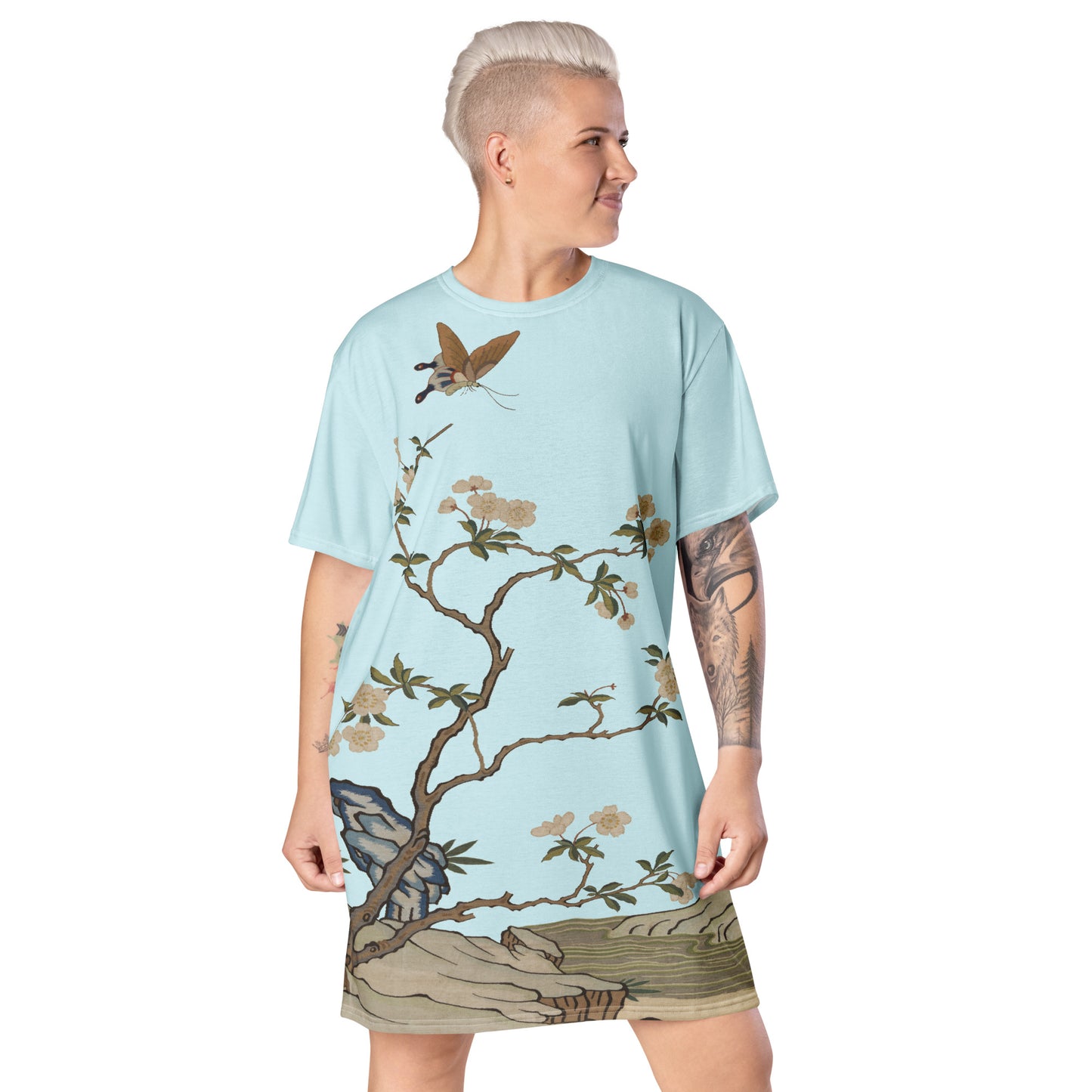 Kesi Flower Album｜Plum Blossoms and Butterfly｜T-shirt dress｜Aqua blue