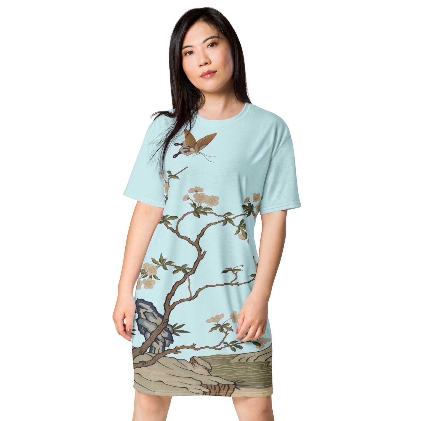 Kesi Flower Album｜Plum Blossoms and Butterfly｜T-shirt dress｜Aqua blue