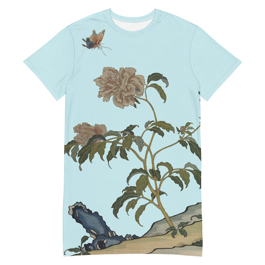 Kesi Flower Album｜Peonies and Butterfly｜T-shirt dress｜Aqua blue