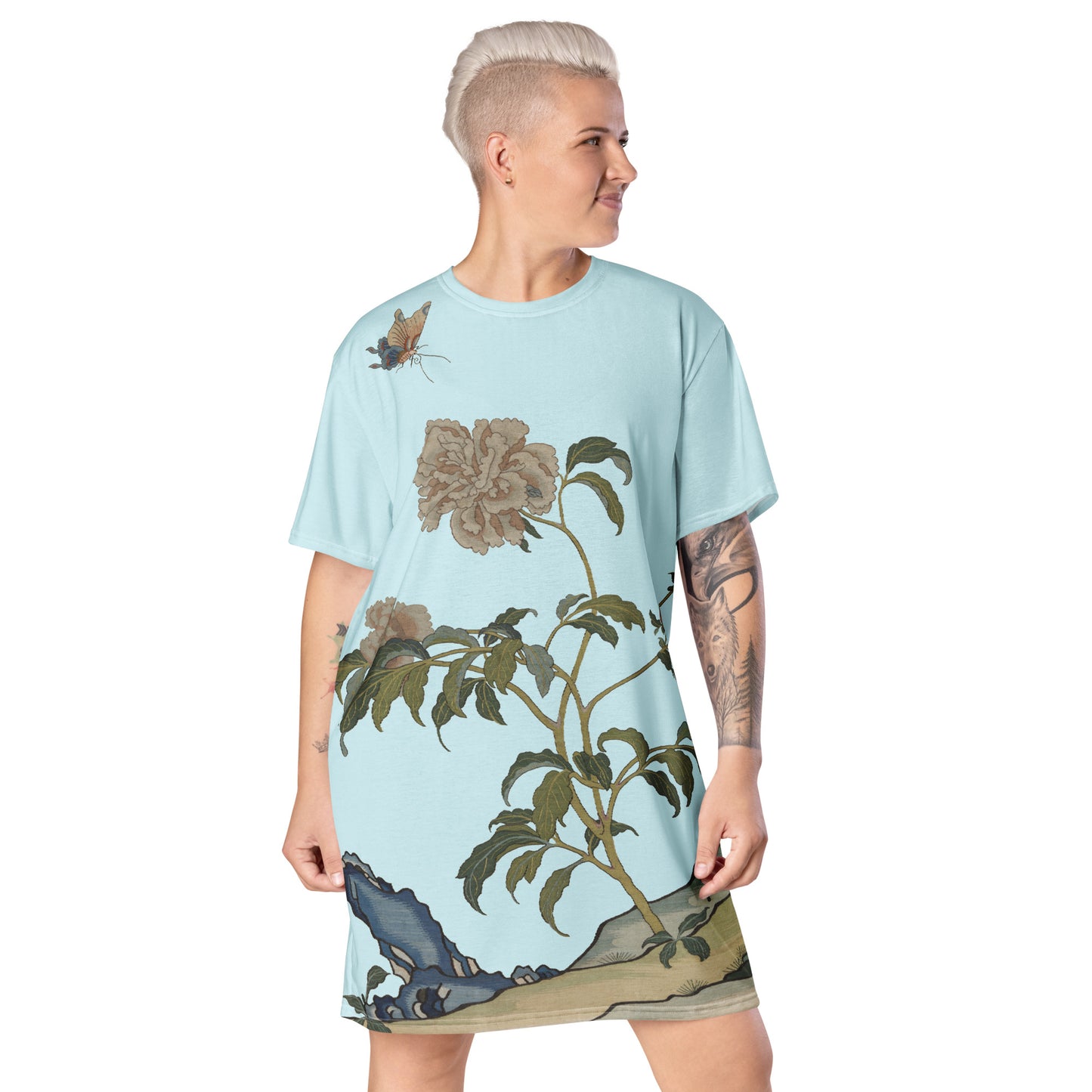 Kesi Flower Album｜Peonies and Butterfly｜T-shirt dress｜Aqua blue