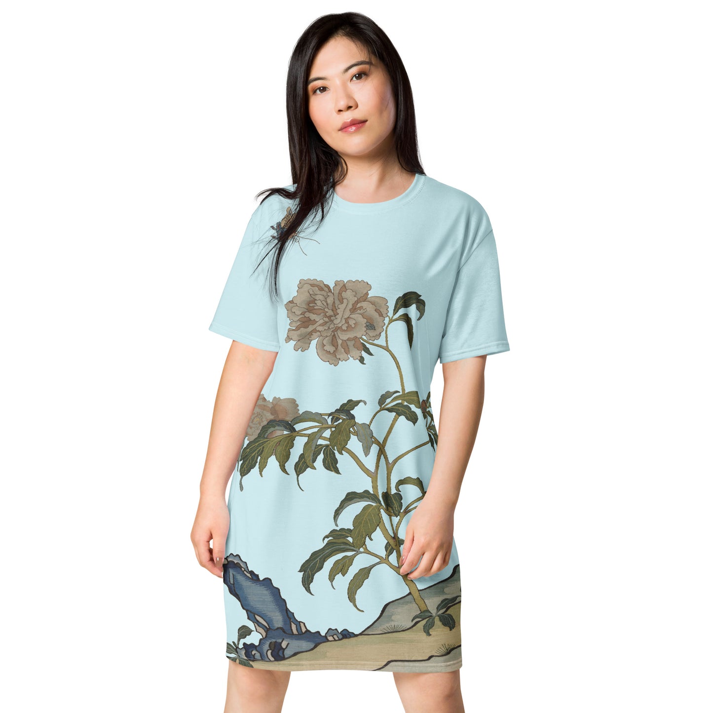 Kesi Flower Album｜Peonies and Butterfly｜T-shirt dress｜Aqua blue