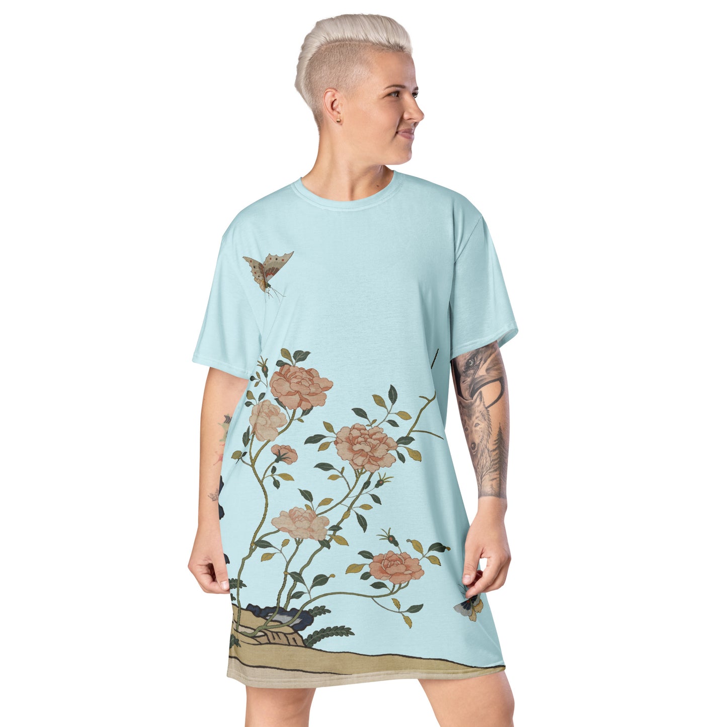 Kesi Flower Album｜Red Roses｜T-shirt dress｜Aqua blue