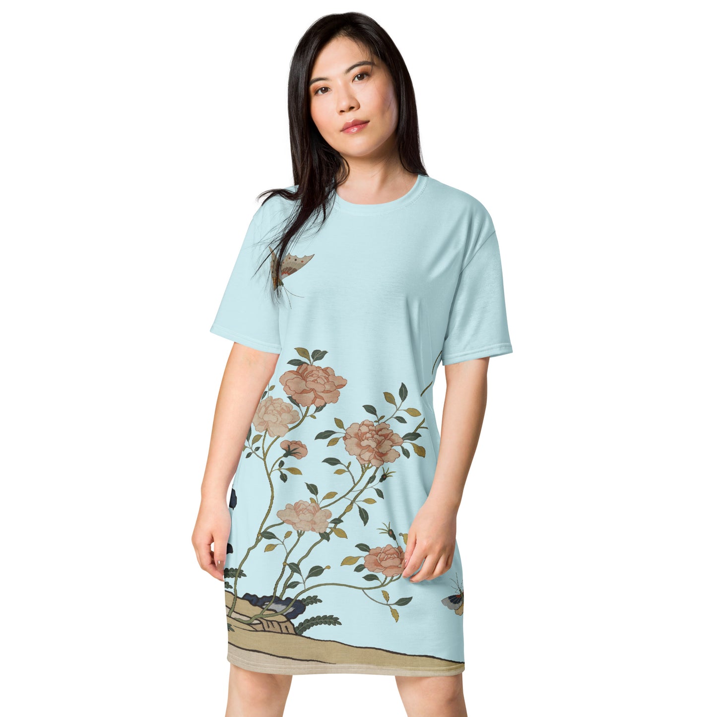 Kesi Flower Album｜Red Roses｜T-shirt dress｜Aqua blue