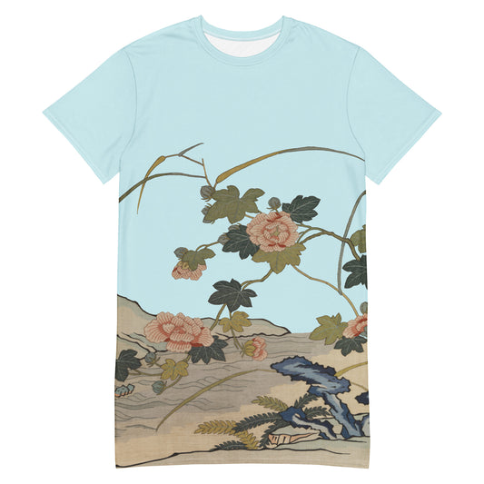 ケシの花アルバム｜水辺のハイビスカス｜Tシャツドレス｜アクアブルー