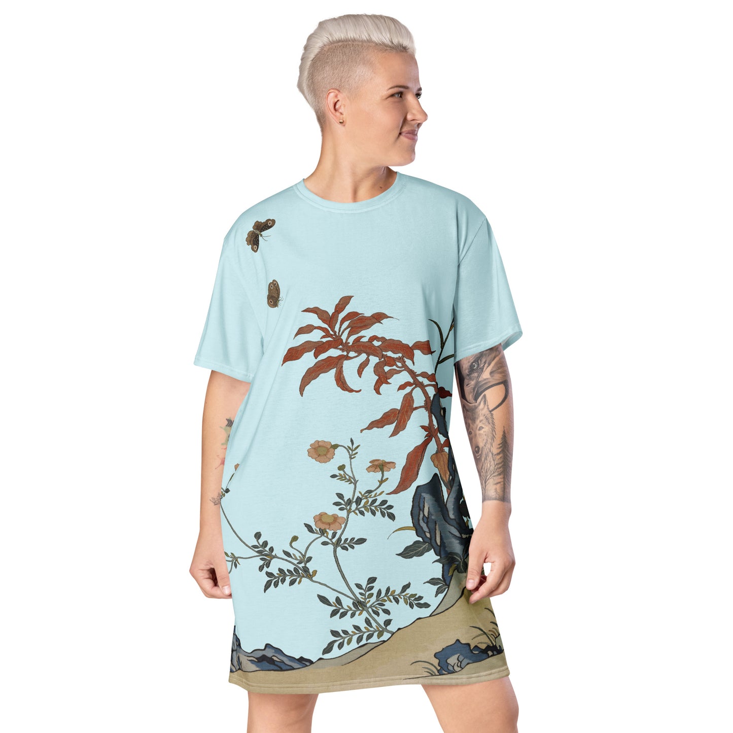 Kesi Flower Album｜Butterflies and Flowers｜T-shirt dress｜Aqua blue