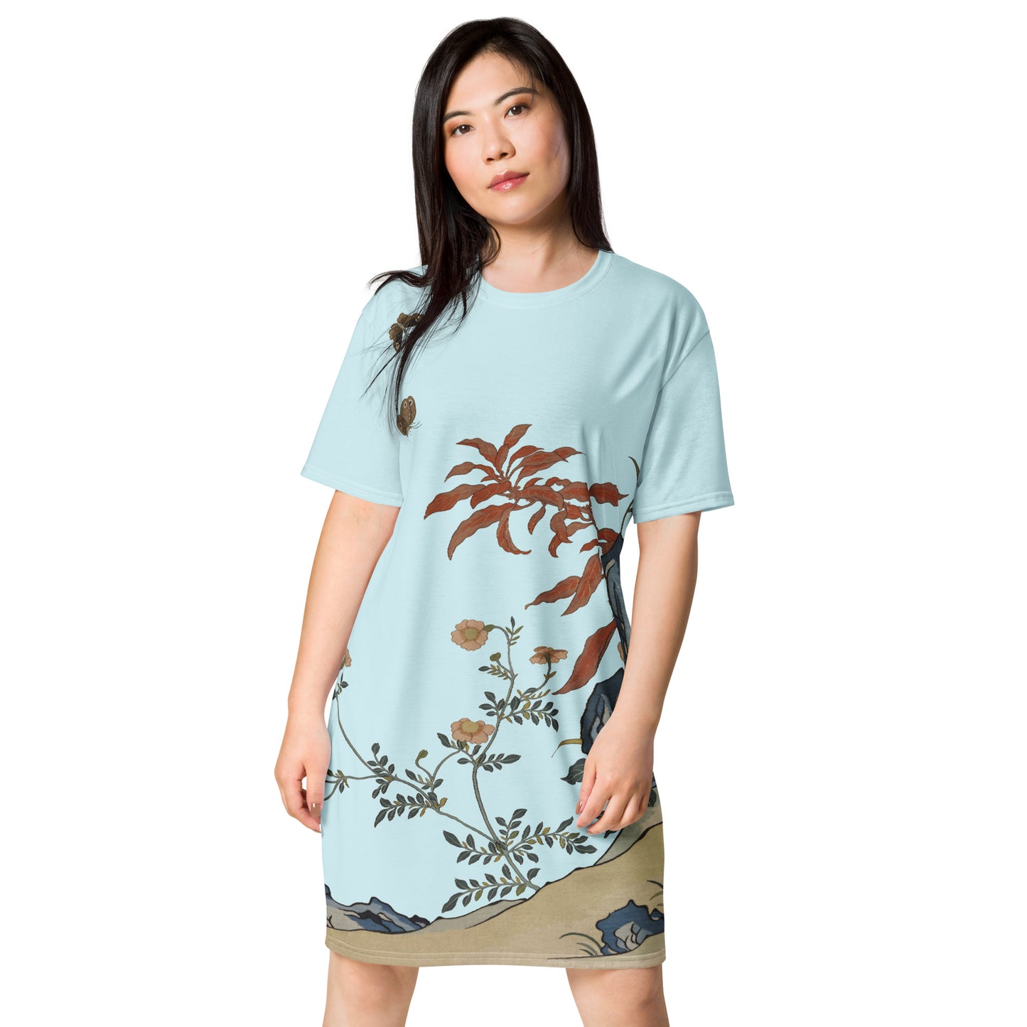 ケシの花アルバム｜蝶と花｜Tシャツドレス｜アクアブルー