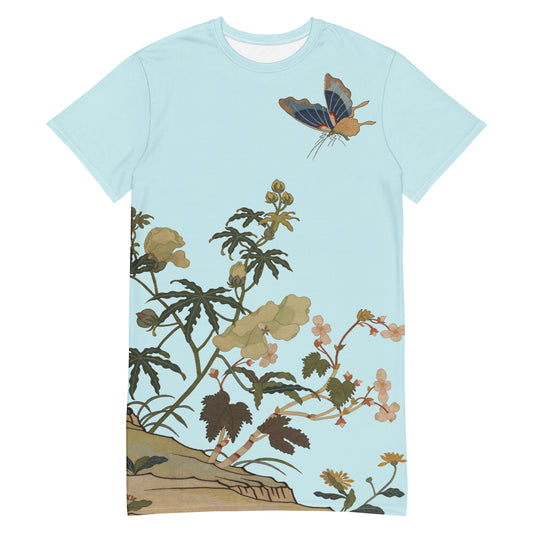 Kesi Flower Album｜Hibiscus and Begonia Blossoms｜T-shirt dress｜Aqua blue