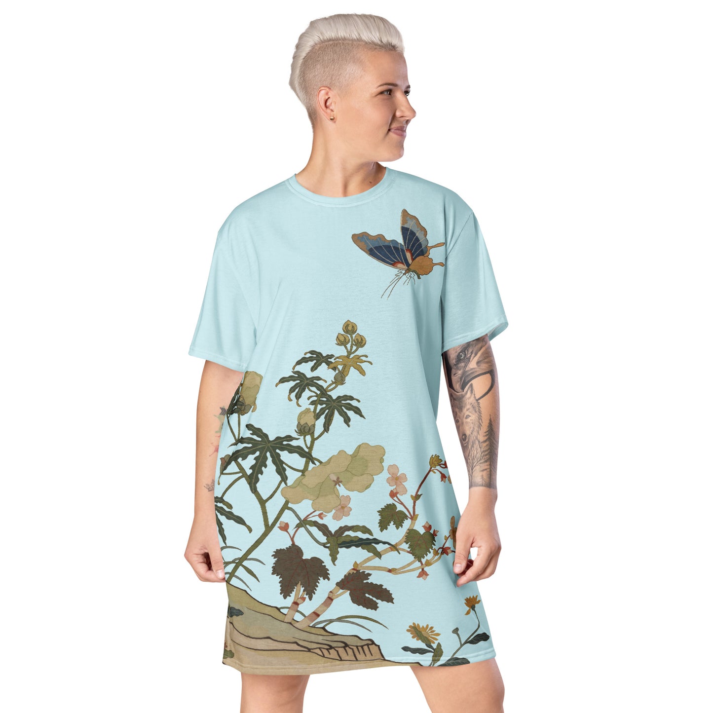 Kesi Flower Album｜Hibiscus and Begonia Blossoms｜T-shirt dress｜Aqua blue