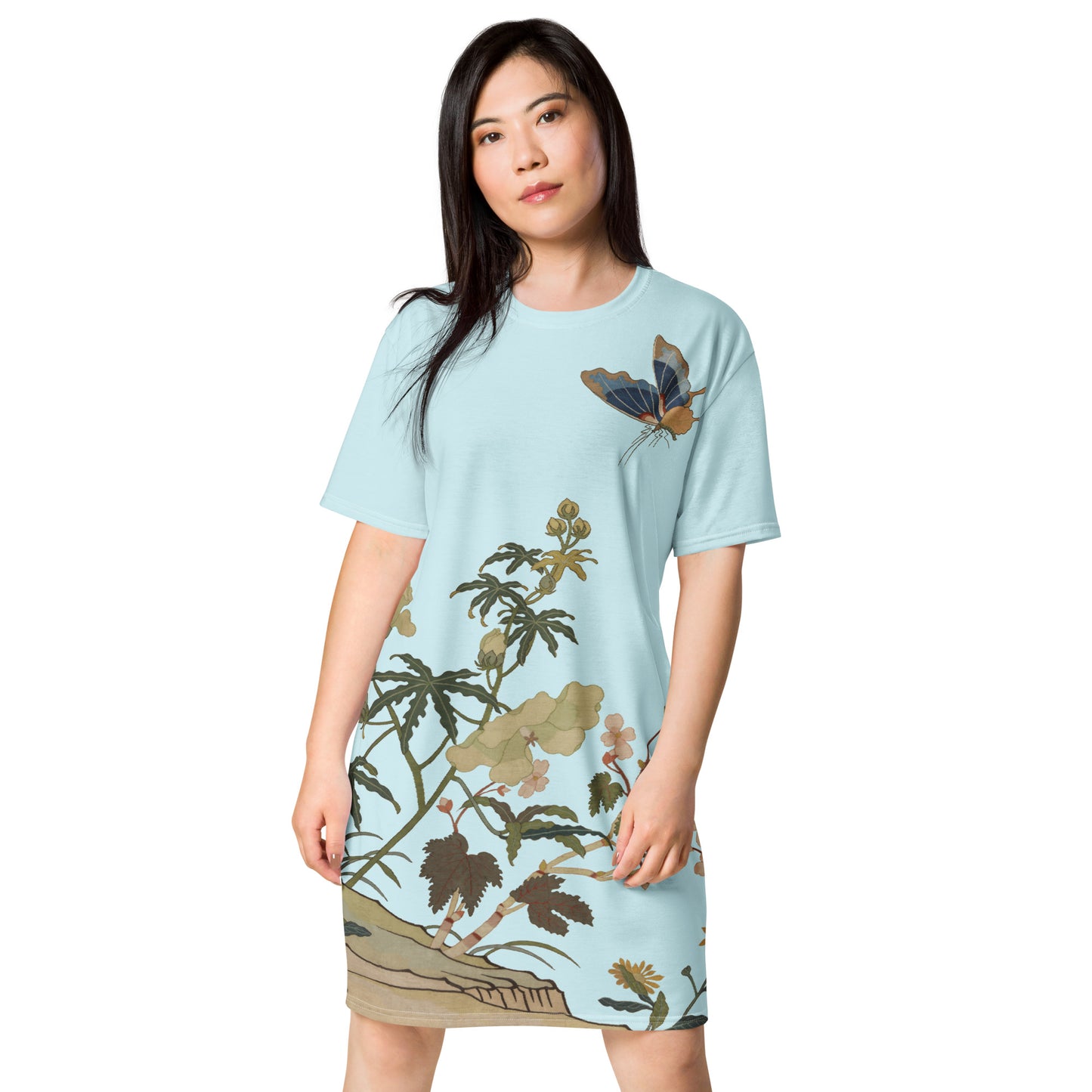 Kesi Flower Album｜Hibiscus and Begonia Blossoms｜T-shirt dress｜Aqua blue