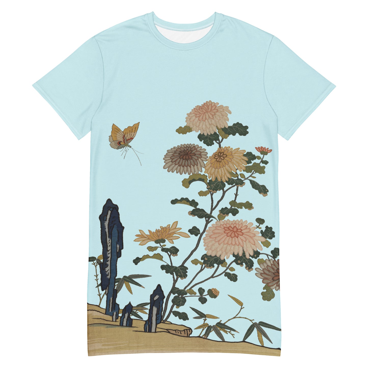 Kesi Flower Album｜Chrysanthemums and Butterflies｜T-shirt dress｜Aqua blue