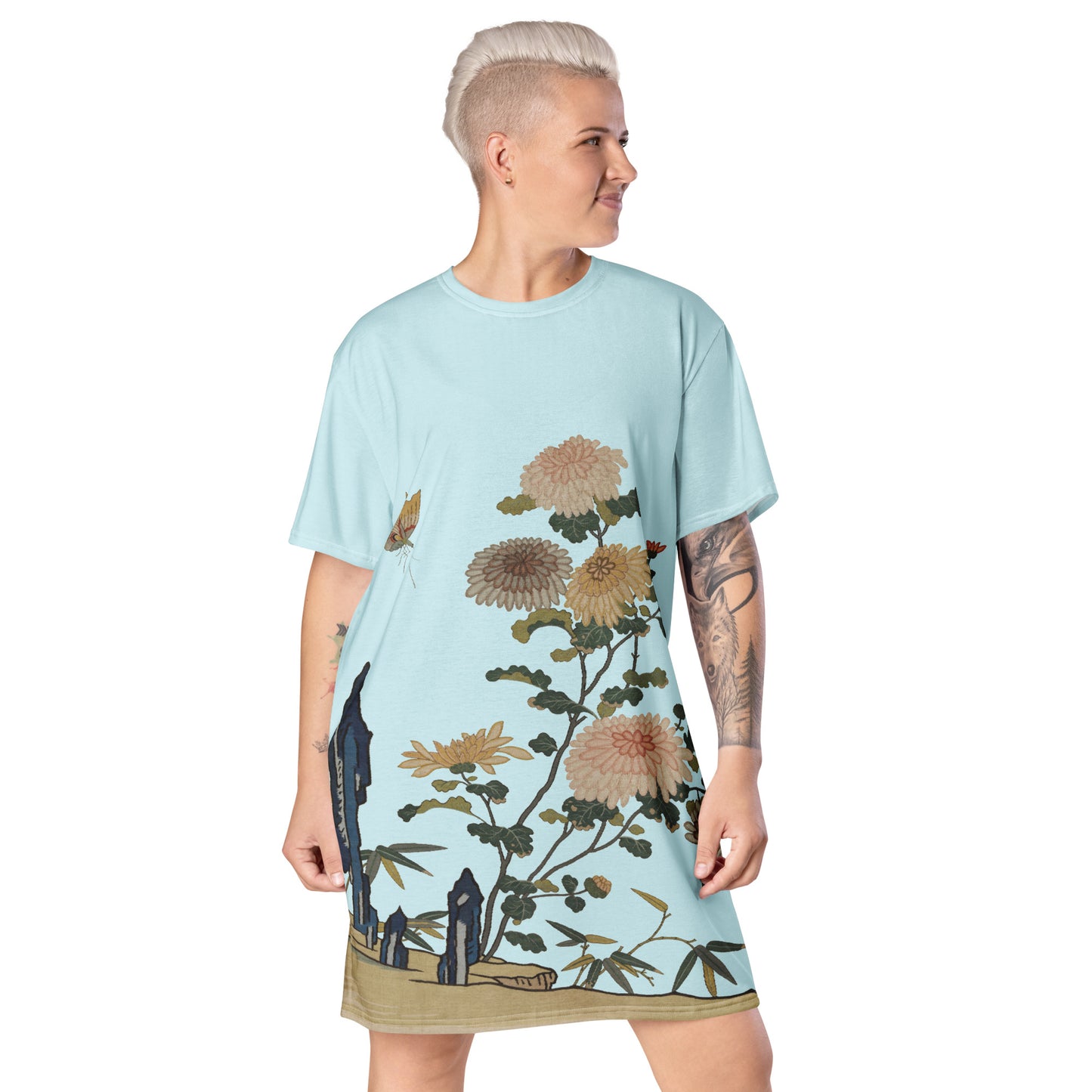 Kesi Flower Album｜Chrysanthemums and Butterflies｜T-shirt dress｜Aqua blue