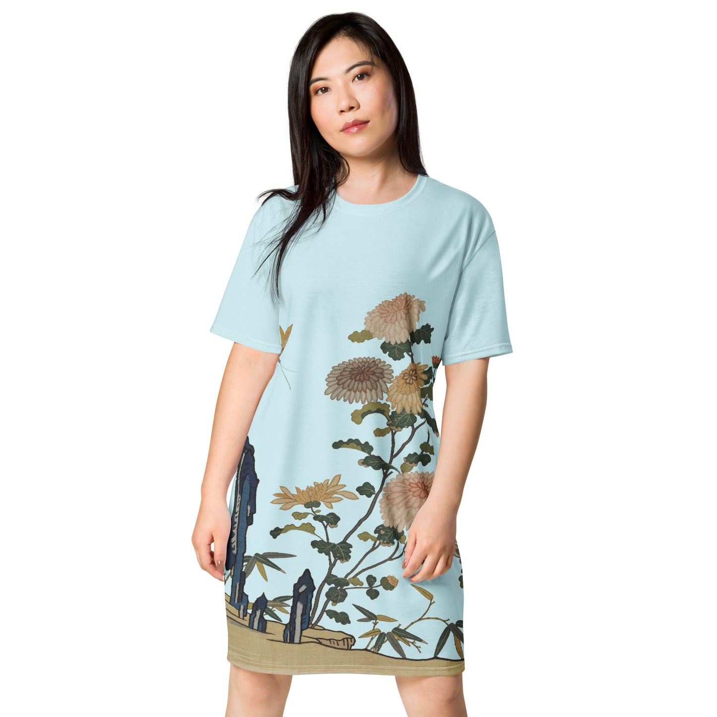 Kesi Flower Album｜Chrysanthemums and Butterflies｜T-shirt dress｜Aqua blue