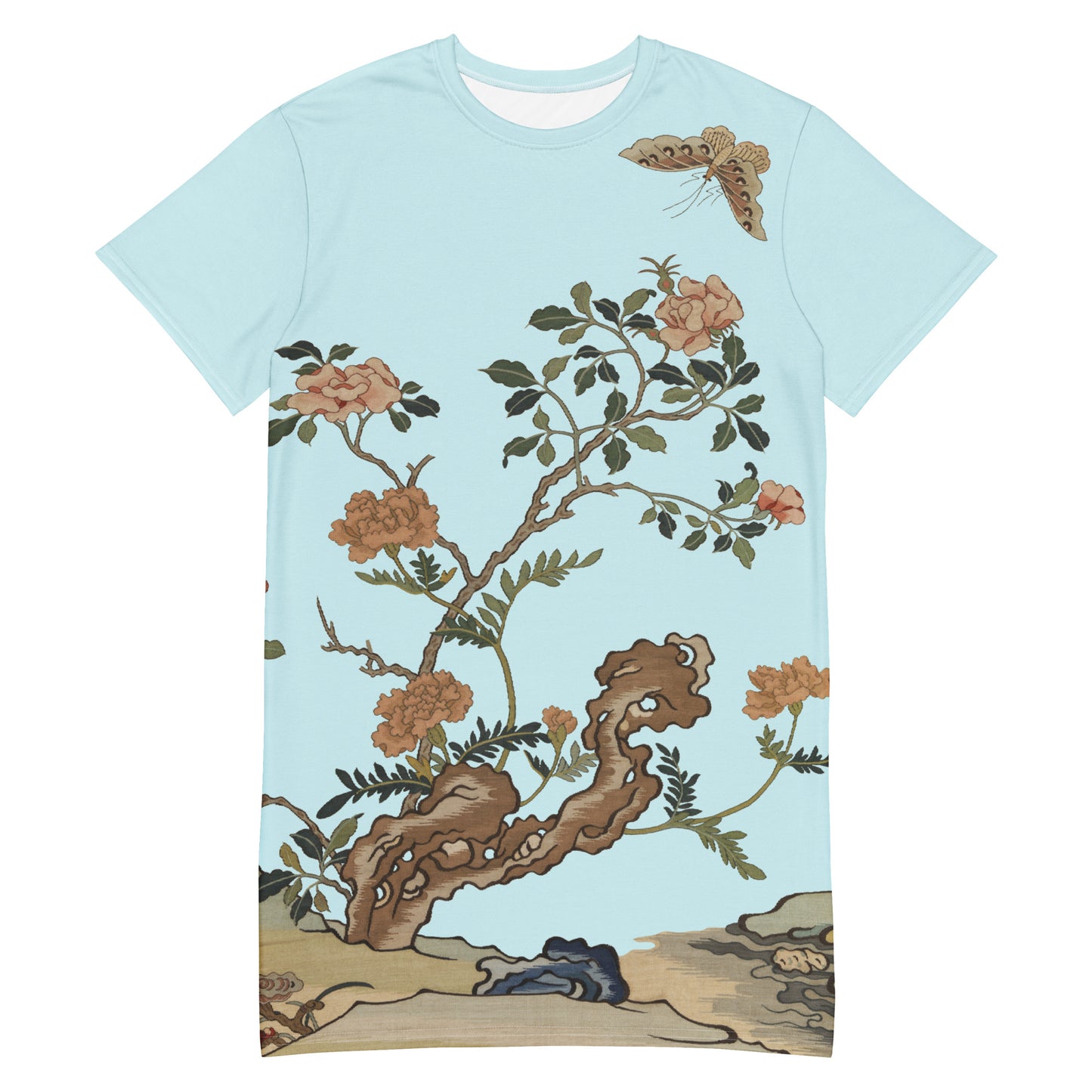 Kesi Flower Album｜Camellia and Butterfly｜T-shirt dress｜Aqua blue