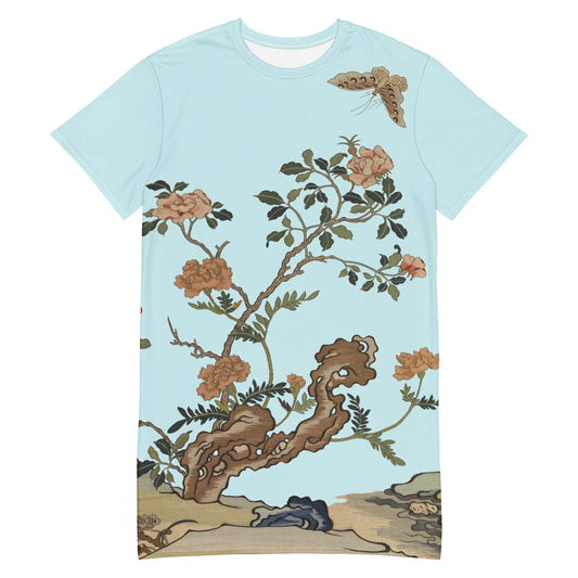 ケシの花アルバム｜ツバキと蝶｜Tシャツドレス｜アクアブルー