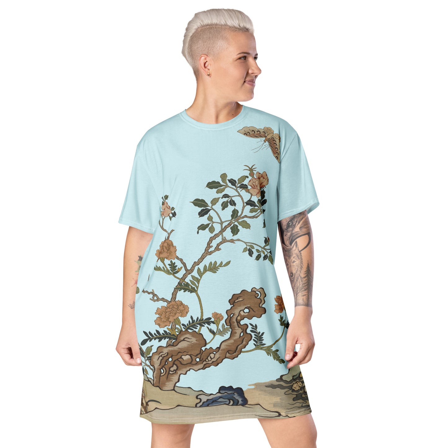 Kesi Flower Album｜Camellia and Butterfly｜T-shirt dress｜Aqua blue