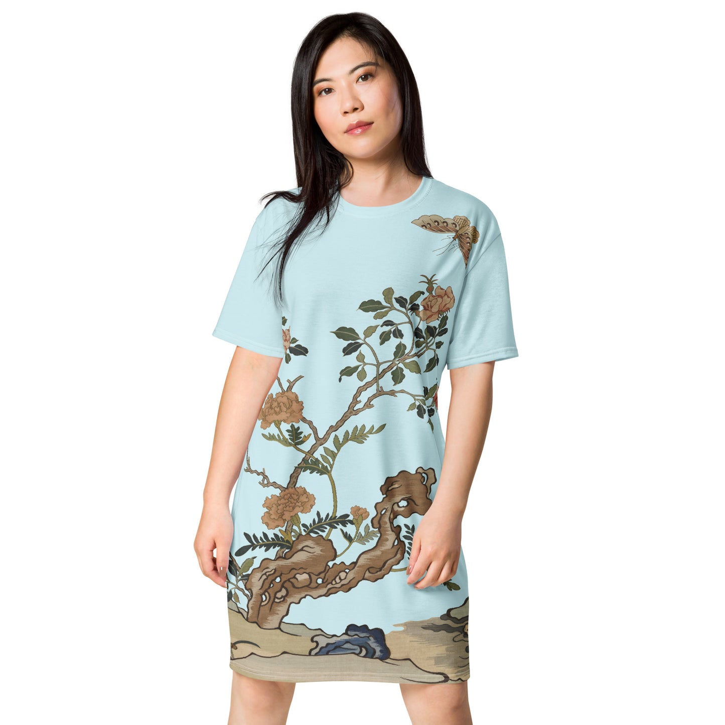 Kesi Flower Album｜Camellia and Butterfly｜T-shirt dress｜Aqua blue