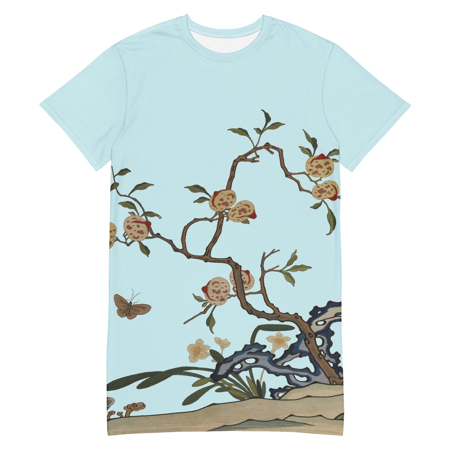 Kesi Flower Album｜Narcissus and Peaches｜T-shirt dress｜Aqua blue