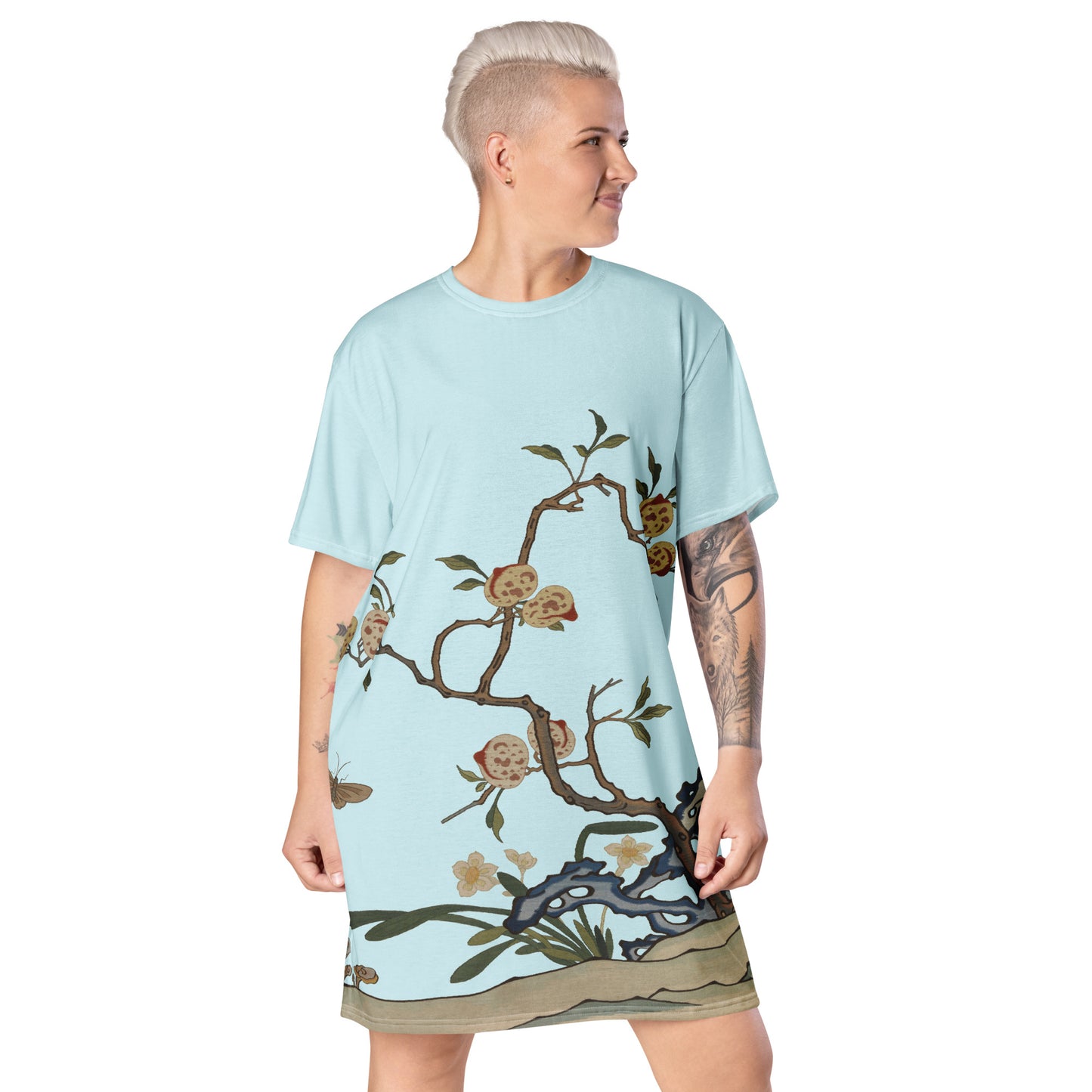 Kesi Flower Album｜Narcissus and Peaches｜T-shirt dress｜Aqua blue